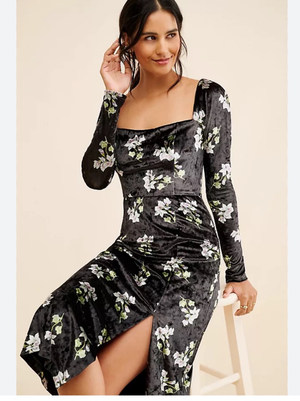 Hutch Black Velvet Floral Midi Dress with Square Neck large nwt